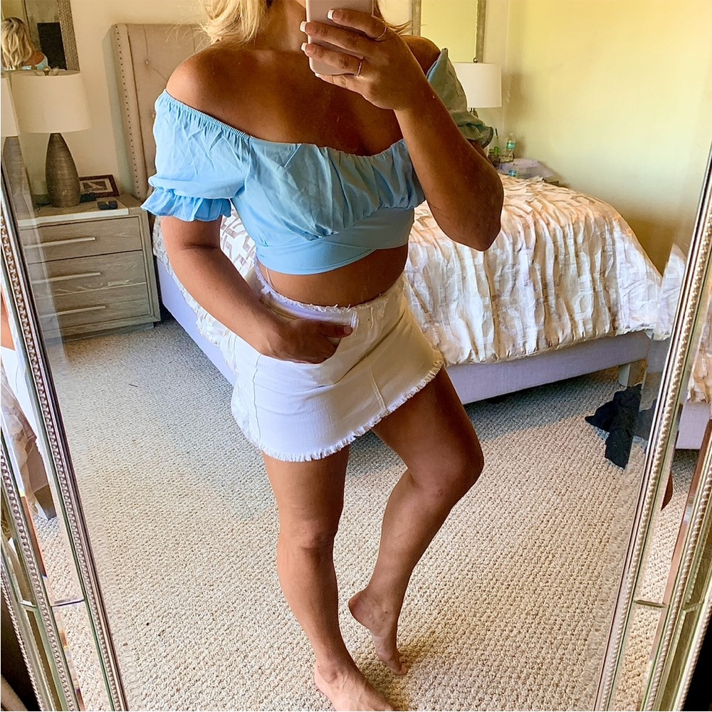 Blue Crop Top Off the Shoulder 044